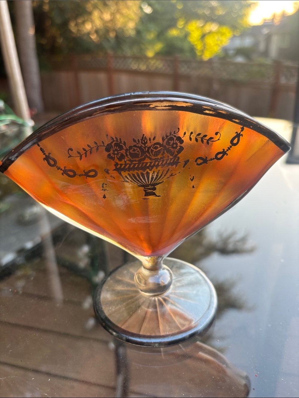 Vintage Amber Glass Fan Vase with Black Floral Motif
